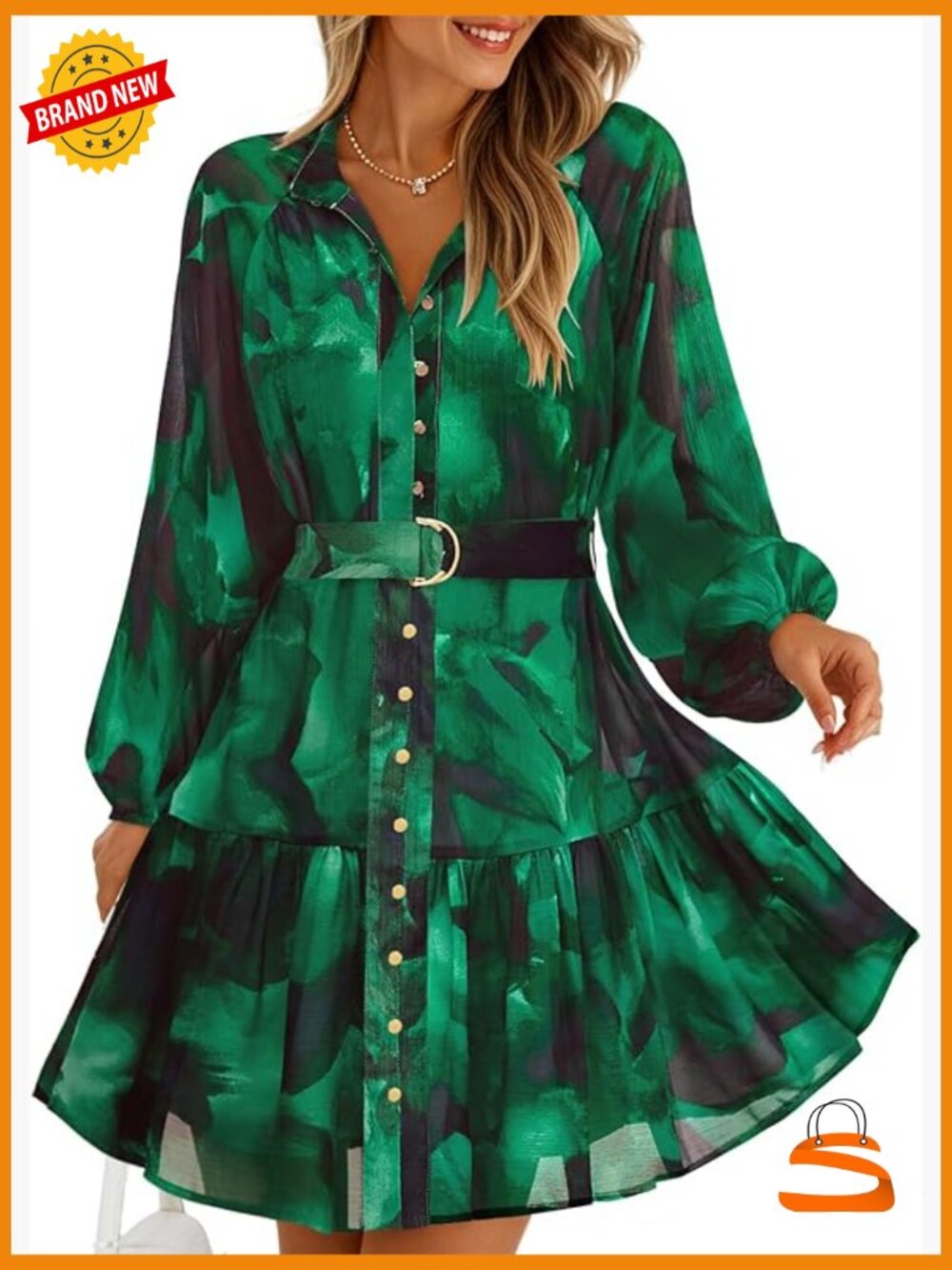 Floral Chiffon Swing Mini Dress Long Sleeve Button Down V-Neck A-Line